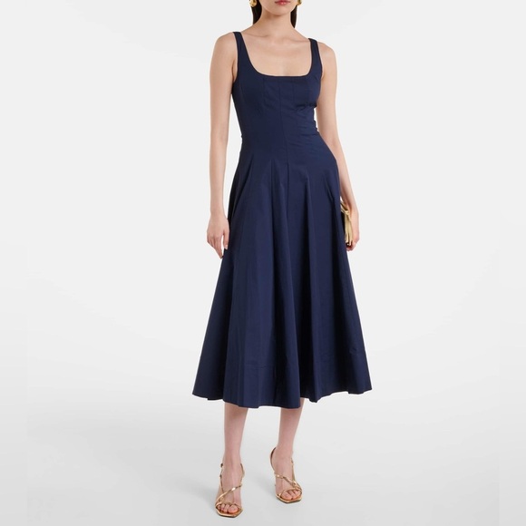 NEW STAUD Wells Stretch Cotton Sleeveless Midi Dress Navy | US 2 UK 6 - Picture 6 of 14